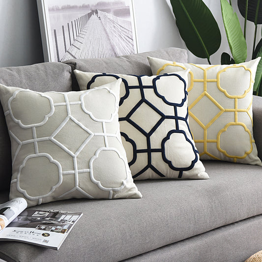 Funda de Almohada Decorativa de Algodón y Lino con Bordado Geométrico