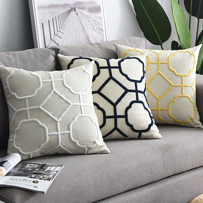 Funda de Almohada Decorativa de Algodón y Lino con Bordado Geométrico