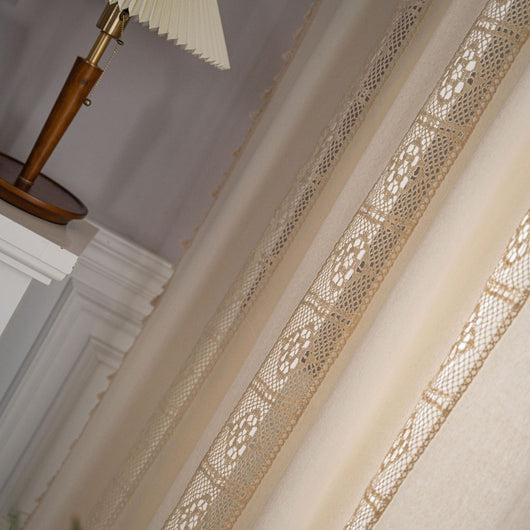 Beige crochet and plaid stitching short curtain with tassels, made from polyester cotton, hanging in a cozy room. - Image 26