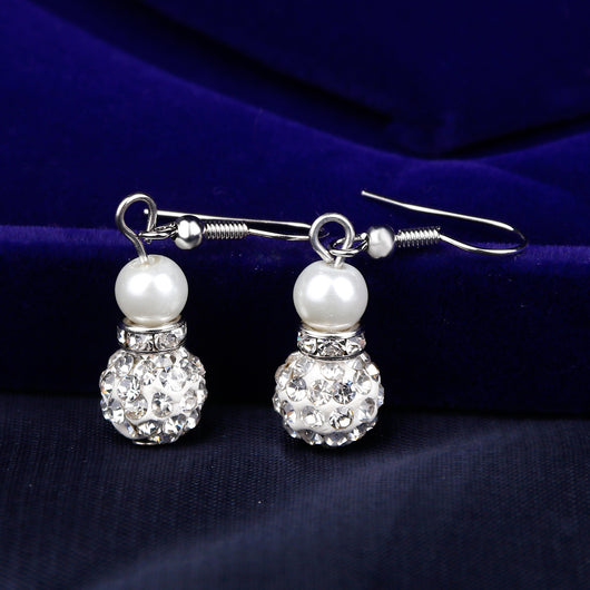 White faux pearl necklace, bracelet, and dangle earrings set with pave crystal beads on a black display. - Image 3