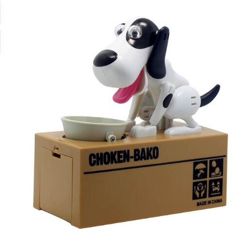 Brown robotic dog piggy bank with a red nose and pink tongue, eating a coin from a grey bowl.