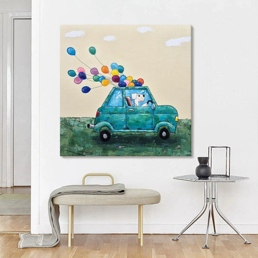 Cuadro Decorativo Lienzo Pintura al Óleo Infantil Coche Perro Globo - Image 3