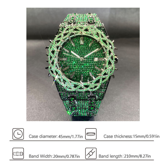 Reloj Hip-Hop para Hombre con Incrustaciones de Circón Verde Brillante - Image 8