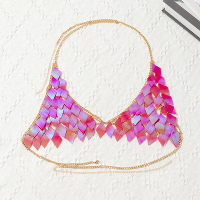 Woman wearing a gold-tone body chain top with iridescent pink and orange diamond-shaped sequins, perfect for beach or festival. - Image 74