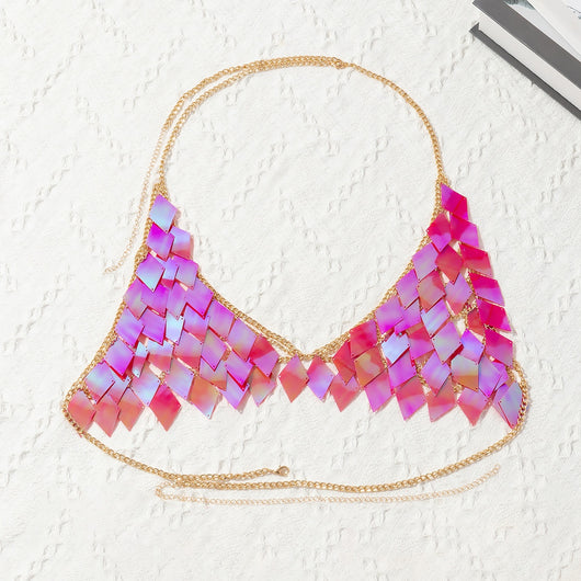 Woman wearing a gold-tone body chain top with iridescent pink and orange diamond-shaped sequins, perfect for beach or festival. - Image 74