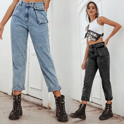 Pantalón Denim Cintura Alta con Bolsillos Cargo