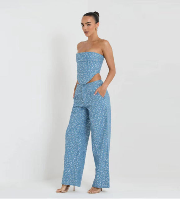 Conjunto de Calça Pantalona e Top Tomara que Caia Brilhante