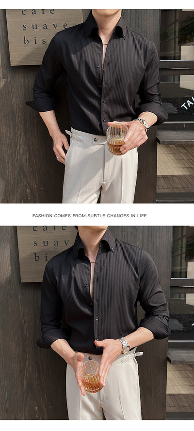 Camisa de Manga Larga con Rayas Oscuras Cuello en V para Hombre - Image 25