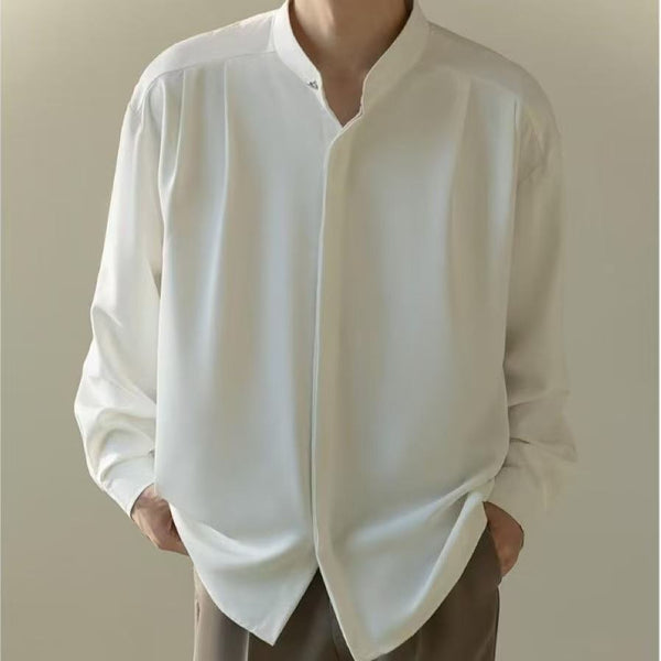 Camisa Casual Holgada de Manga Larga con Cuello Alzado para Hombre