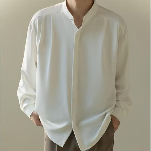 Camisa Casual Holgada de Manga Larga con Cuello Alzado para Hombre