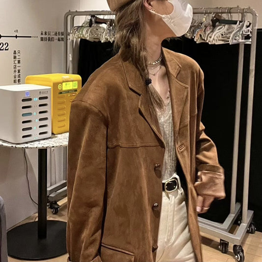 Blazer de Cuero Retro Marrón para Mujer