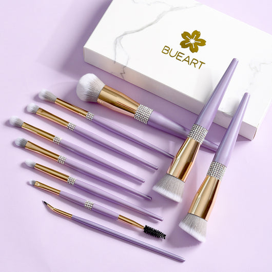 Set de 10 Brochas de Maquillaje Púrpura Lila con Detalles de Diamante - Image 7