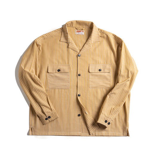 Camisa Manga Larga Cuello Cubano a Rayas Amarillo Vintage para Hombre - Image 4