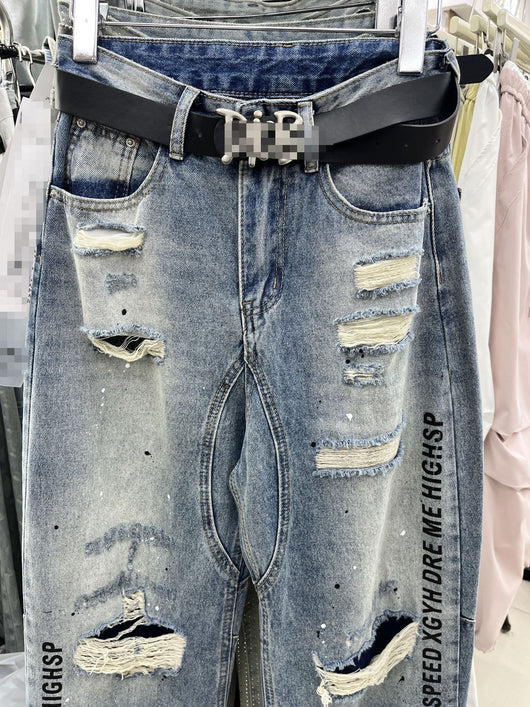 Jeans Rotos con Estampado de Letras y Efecto Pintura Desgastada - Image 9