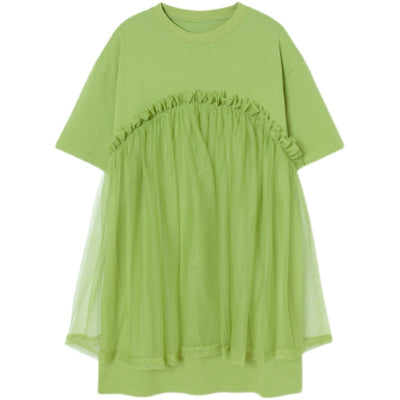 Vestido Mini Verde con Detalles de Tul y Diseño T-shirt - Image 2