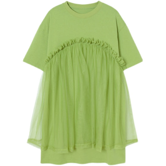 Vestido Mini Verde con Detalles de Tul y Diseño T-shirt - Image 2