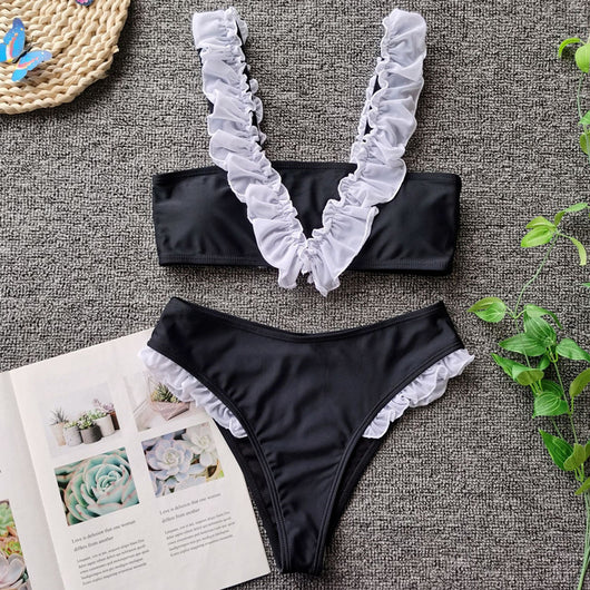 Bikini Dividido con Volantes y Colores Sólidos para Mujer - Image 17