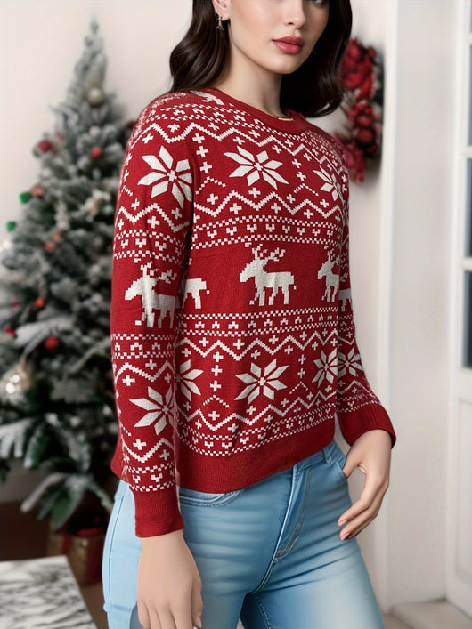 Women's black, red, and white Christmas sweater with reindeer and snowflake fair isle patterns, round neck, long sleeves. - Image 20