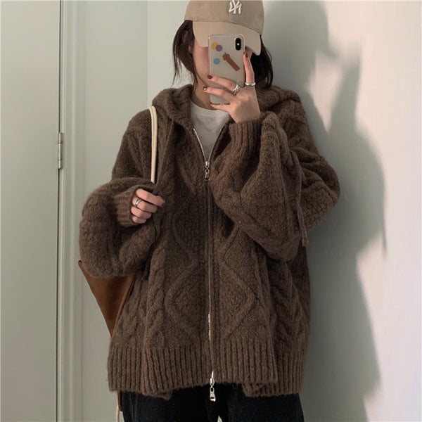 Cardigan Sudadera con Capucha y Tejido Trenzado