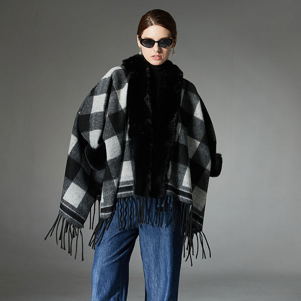 Chal Cuadros Blanco y Negro con Cuello de Piel - Estilo Europeo Otoño Invierno