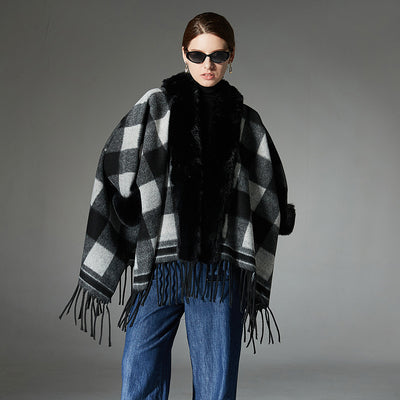 Chal Cuadros Blanco y Negro con Cuello de Piel - Estilo Europeo Otoño Invierno - Image 2