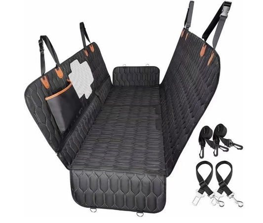 Black quilted pet car seat cover in a hammock style, featuring side flaps, storage pockets, and a mesh window. - Image 2