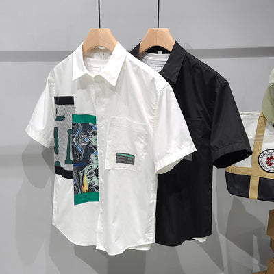 Camisa Colorblock de Manga Corta con Bolsillo para Hombre