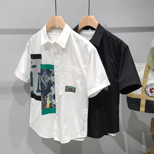 Camisa Colorblock de Manga Corta con Bolsillo para Hombre