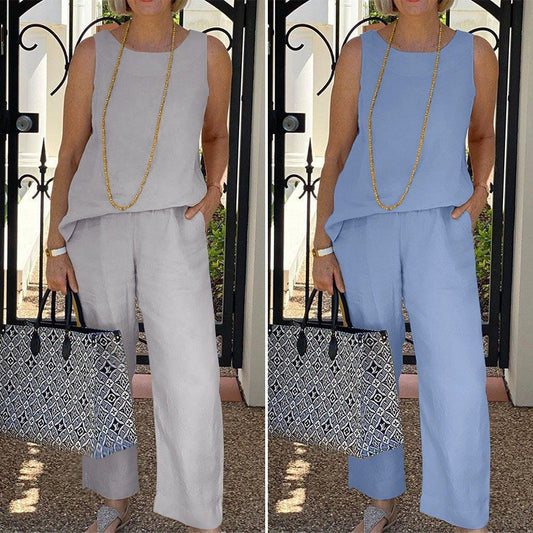 Conjunto de Dos Piezas: Blusa sin Mangas y Pantalón Ancho en Algodón y Lino para Mujer