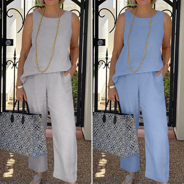Conjunto de Dos Piezas: Blusa sin Mangas y Pantalón Ancho en Algodón y Lino para Mujer
