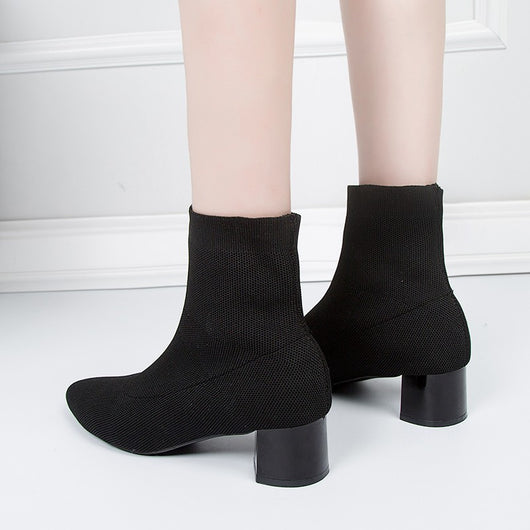 Botas Elásticas Mujer Tacón Medio Punta Aguda Tejido - Image 5