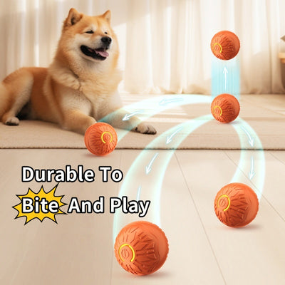 Upgraded blue electric jumping ball for pets with a yellow power button, made of chewable silicone, on a white pedestal.