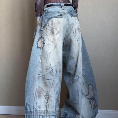 Jeans Talla Grande para Hombre con Bordado de Aguja Aleatoria y Detalles Manchados - Image 2