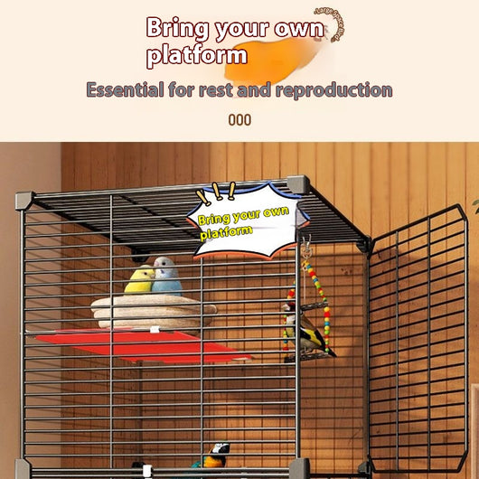 Large black metal bird cage with two columns and three levels, including perches, platforms, food bowls, and a pull-out tray. Two parrots are visible inside. - Image 3