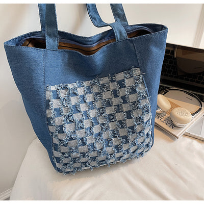 Bolsa Tote de Mezclilla Lavada con Patrón Escocés y Gran Capacidad - Image 33