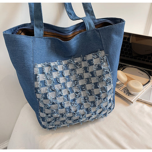Bolsa Tote de Mezclilla Lavada con Patrón Escocés y Gran Capacidad - Image 33