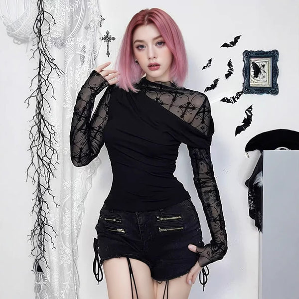 Blusa Ajustada de Encaje con Detalles Calados y Manga Larga