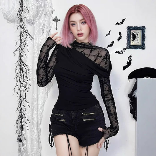 Blusa Ajustada de Encaje con Detalles Calados y Manga Larga