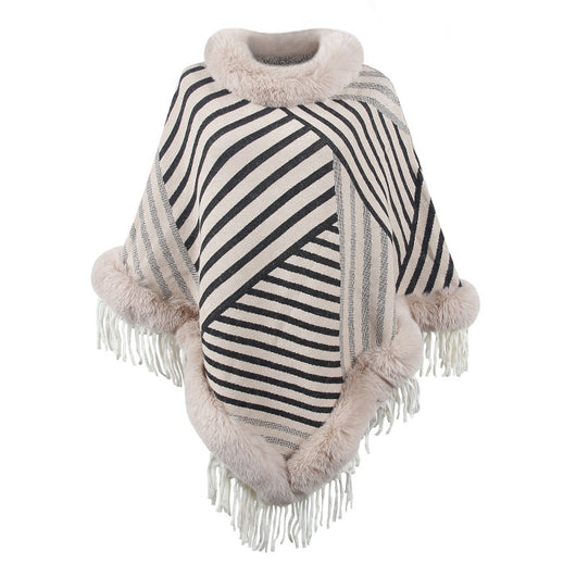 Poncho Tejido con Cuello de Piel y Borlas para Mujer - Image 7