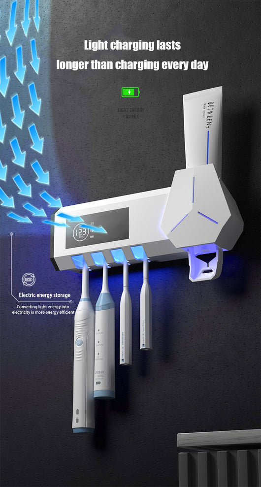 White wall-mounted toothbrush sterilizer with UVC ultraviolet light, holding four electric toothbrushes. Features a digital display and blue sterilization light - Image 9