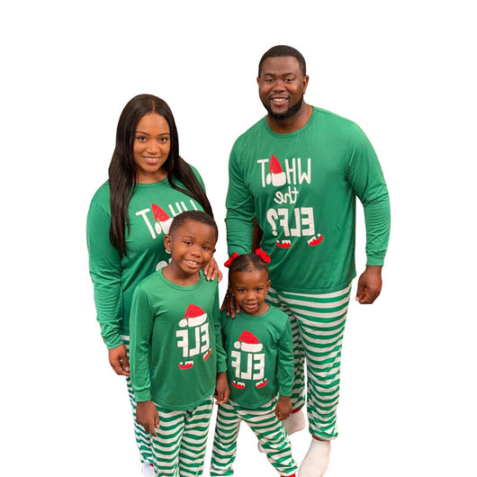 Family of four wearing matching green long-sleeve Christmas pajamas with "ELF" and striped pants. - Image 13