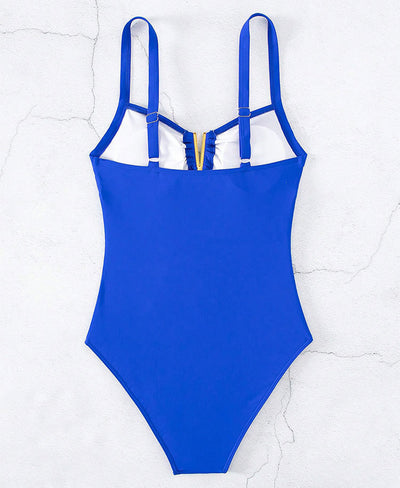Royal blue one-piece swimsuit with V-neck, hollow-out detail, and pleated belly-slimming ruching. - Image 12