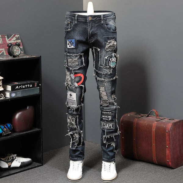 Jeans Rotos con Parches Bordados para Hombre