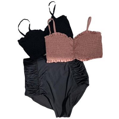 Women's retro high-waisted split bikini with a pink shirred bandeau top and black ruched bottoms. - Image 5