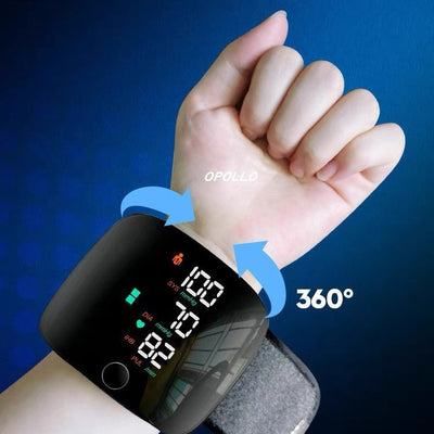 Black wrist sphygmomanometer with a digital display showing blood pressure and pulse readings, and a gray wrist cuff. - Image 8