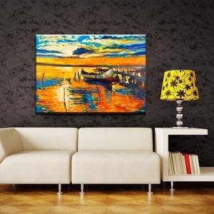 Cuadro Óleo Pintado a Mano - Decoración Barco en Muelle, Tonos Naranja y Azul - Image 9