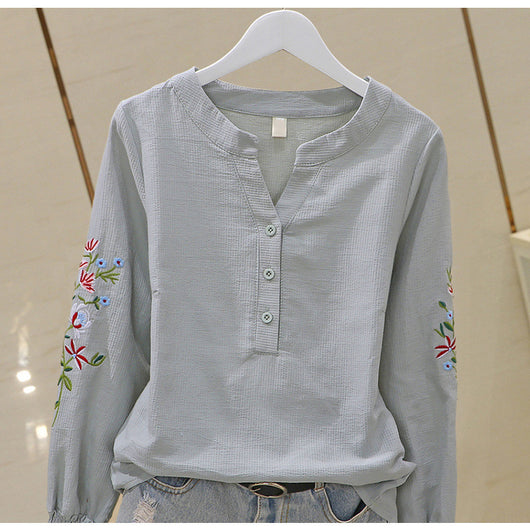 Blusa de Algodón con Escote V y Bordado Plisado Manga Larga - Image 15