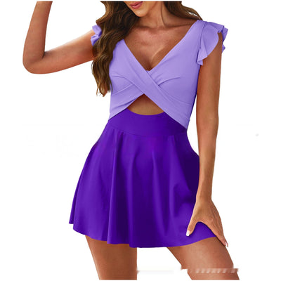 Conservative color contrast patchwork swimsuit for women, featuring a light pink criss-cross top with ruffled cap sleeves and an orange pleated skirt. - Image 6