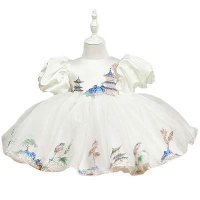 Vestido de Fiesta Infantil Blanco con Mangas Abullonadas de Satén - Image 13