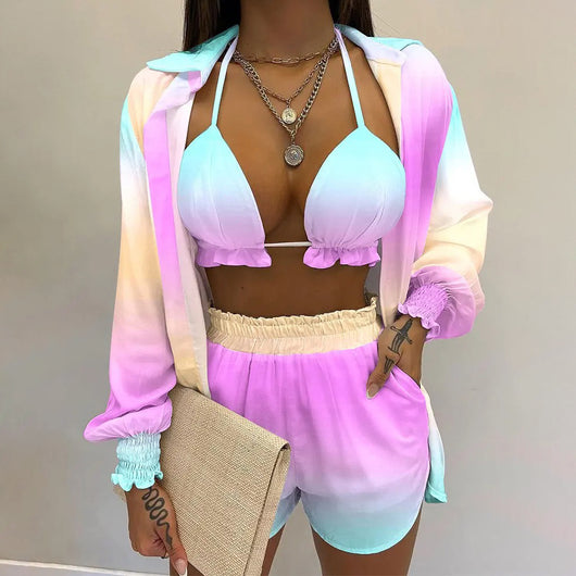 Women's three-piece beachwear set with neon yellow bikini top, floral print long-sleeve shirt, and matching shorts. - Image 7